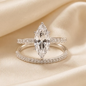 2 st Marquise Zirkonium Vigselringar Set, Silverfärgad Förlovningsring, Stapelbara Bröllopssmycken