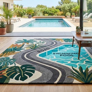 Könnte beinhalten: Ein rechteckiger Teppich mit einem farbenfrohen Design aus einer geschwungenen grauen Straße und einem helltürkisfarbenen Swimmingpool mit der Aufschrift ROAD und SWIMMING POOL, umgeben von tropischem Blattwerk in Grün- und Orangetönen.