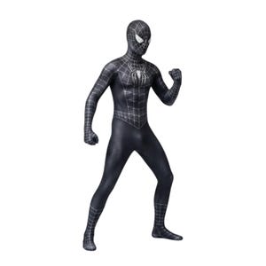 May include: A full-body black spandex costume featuring a white spider emblem on the chest and a white web pattern across the torso, arms, and legs. The suit includes a matching full-head mask with white eye lenses in a classic superhero style.