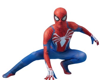 May include: A full-body Spiderman costume featuring a red and blue color scheme with a large white spider emblem on the chest. The suit includes a matching full-head mask with white eye lenses and white accents on the hands and forearms.