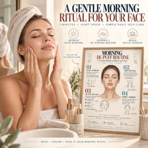 May include: A framed instructional poster titled Morning De-Puff Routine featuring a 3-minute facial massage guide with numbered steps, illustrations, and text. The poster provides instructions to wake, hydrate, open the neck, and de-puff the face.