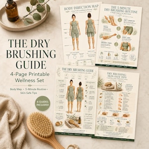 May include: A four-page printable dry brushing guide set featuring instructional diagrams, body direction maps, a five-minute routine, and skin-safe tips. The documents include illustrations of a person demonstrating brushing techniques with text.