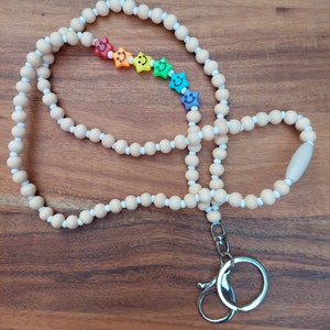 Smiley Rainbow Stars Wooden Bead Lanyard