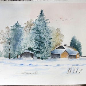 Winter scenery, Original watercolor landscape painting, Village under trees 8 x 10 &quot;