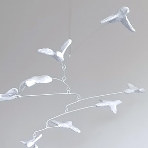 White Bird Mobile: Handmade Cotton Flock, Kinetic Art Sculpture