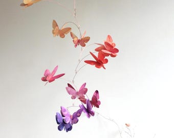Flower colors butterfly mobile, Hanging mobile, kinetic, Nursery decor, with gold edges