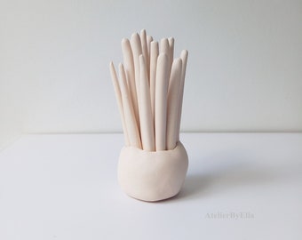 Small hand sculpted ceramic decoration, For windowsill, bookshelf, or table, Warm white color clay sculpture