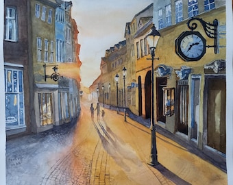 Pittura ad acquerello originale di scene di strada, paesaggio urbano europeo, pittura urbana di strade della città vecchia