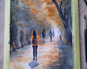 Aquarelle Malerei original Landschaft, handgemalt, Spaziergang durch den Park im Herbst, Physische Stadtansicht, Herbststimmung Wandkunst