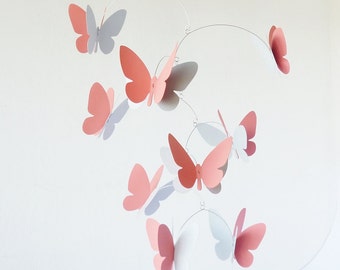 3D butterfly mobile, Hanging mobile in coral pink and grey , Home decor, Nursery ceiling decoration