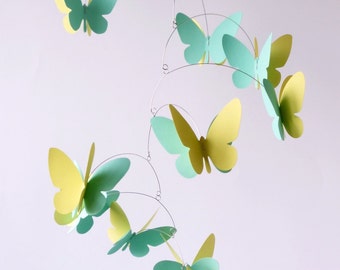 3D Butterflies Mobile, Kinetic hanging mobile, Handpainted Yellow and Mint green