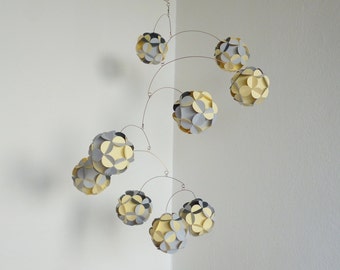 Hanging mobile, Kinetic decor, Paper balls in Light grey and light yellow