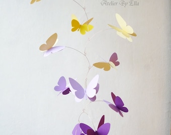 3D Butterfly Mobile, Kinetic mobile, Hanging mobile, Nursery decor, Yellow lavender violet butterflies mobile