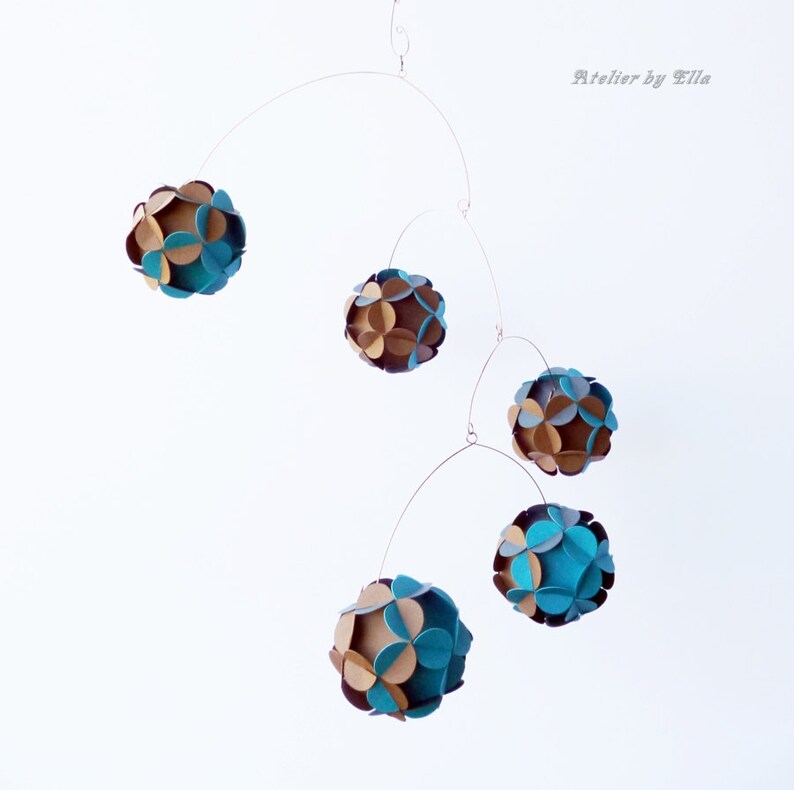 Paper balls Mobile, Kinetic Mobile , Hanging home decor, Brown azure and graphite grey colors image 3