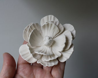 Ceramic Flower wall sculpture, White 3D clay art