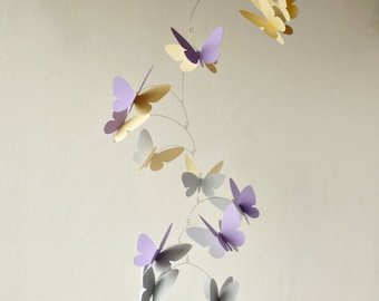 3D Butterfly Mobile, Kinetic mobile, Nursery decor, Hanging mobile, bright Yellow, lavender, bright grey butterflies mobile