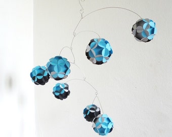 Hanging Mobile ,  Turquoise blue black and grey Mobiles , Nursery Room Decor , Kinetic ,Home Decoration , Mobiles for Boys, 7 paper balls
