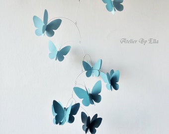 Blauwe hangende mobiel, 3D vlindermobiel, kinetische mobiel, kamerinrichting, 9 vlinders