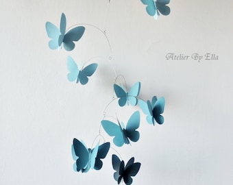 Blue Hanging mobile,3D Butterfly Mobile,Kinetic mobile, Room decor , 9 butterflies