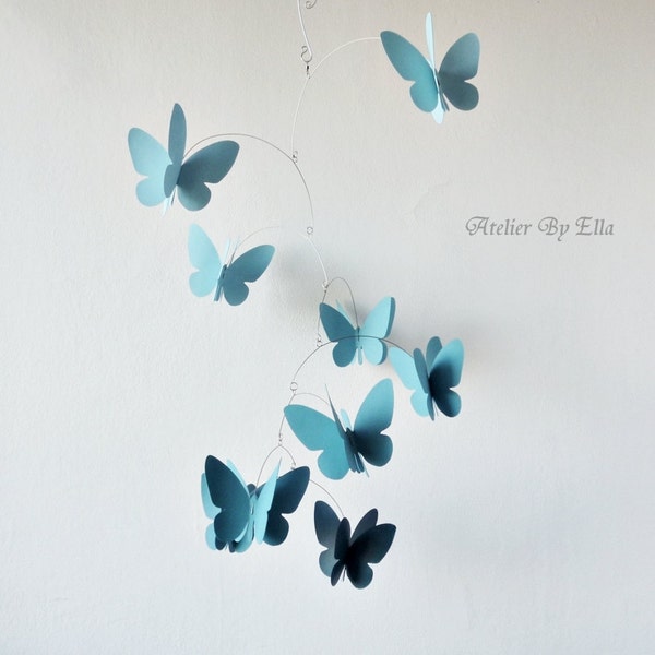 Blue Hanging mobile,3D Butterfly Mobile,Kinetic mobile, Room decor , 9 butterflies