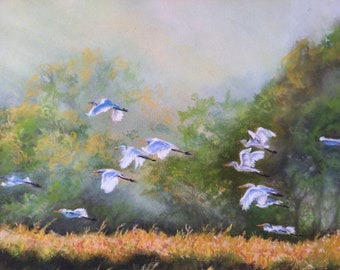 The flight of birds over the lake, hand painted pastel landscape, Foggy day