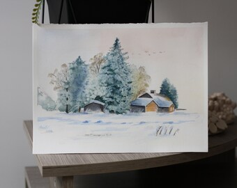 Paysage d'hiver, aquarelle originale de paysage