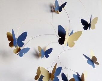 3D Butterfly Mobile, Darker blue and bright yellow Mobile, Hanging mobile, Kinetic mobile, Room decor