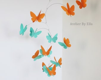 3D vlinders hangend mobiel, Handgeschilderd mobiel, Pompoen oranje en mintgroen, Kinetische mobiel, Home decor
