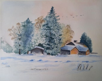 Winter scenery, Original watercolor landscape painting