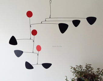 Abstract metal mobile , Black with 3 red circles