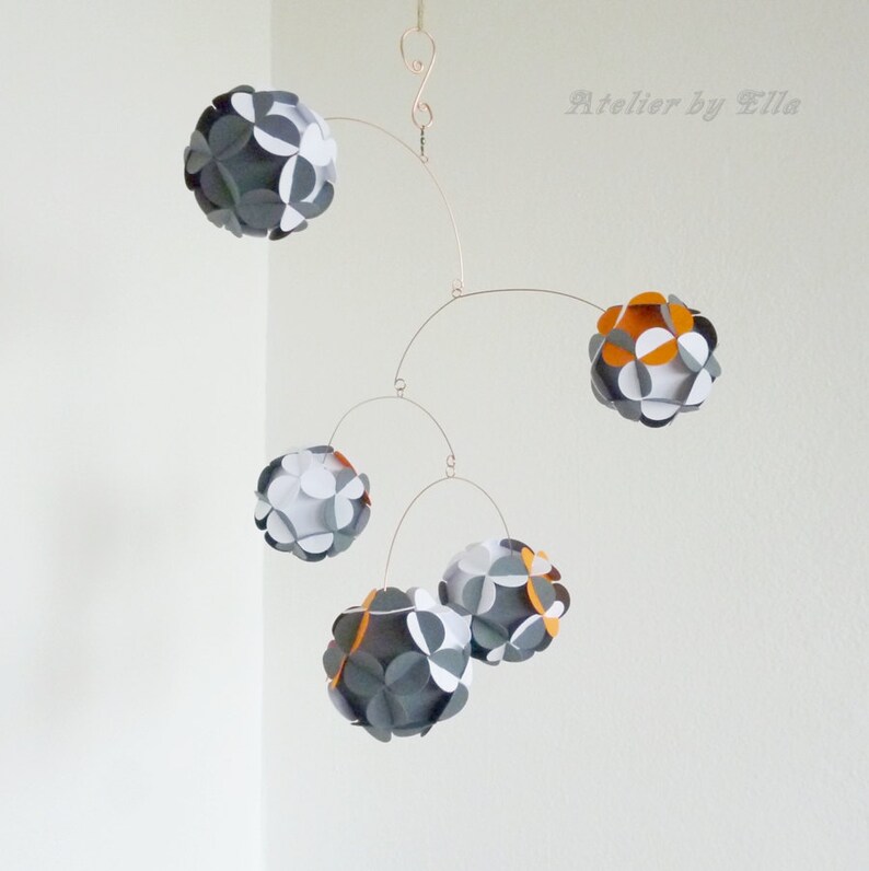 Hanging mobile, White, Dark gray and orange Mobile, Home decoration, Nursery decor image 4