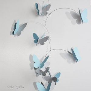 Bright blue and grey mobile, 9 Butterflies , Home decor, Kinetic image 4