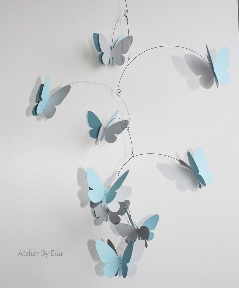 Bright blue and grey mobile, 9 Butterflies , Home decor, Kinetic image 4