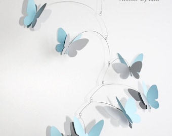 Bright blue and grey mobile, 9  Butterflies , Home decor, Kinetic