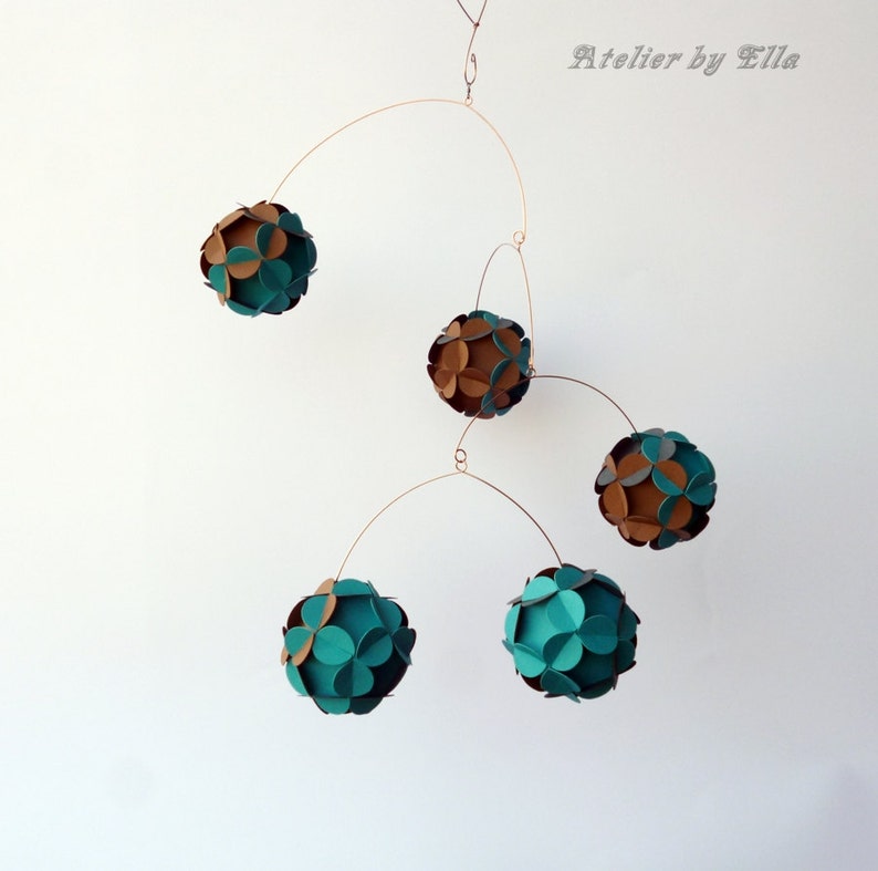 Paper balls Mobile, Kinetic Mobile , Hanging home decor, Brown azure and graphite grey colors image 2