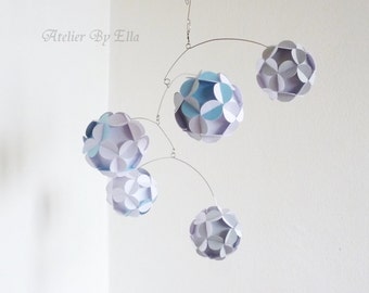 Paper balls mobile, White with gray and baby blue hanging mobile, Home decor