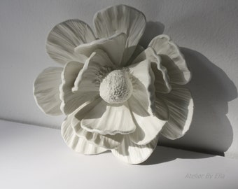 Flower wall sculpture, White 3D clay art