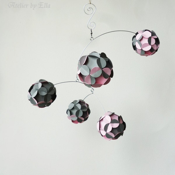 Hanging Mobile , Kinetic , Gray and Baby Pink , Nursery Room Decor , Home Decoration , Mobiles for Girls