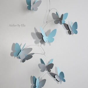 Bright blue and grey mobile, 9 Butterflies , Home decor, Kinetic image 5