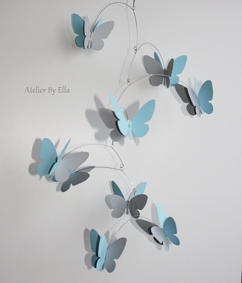 Bright blue and grey mobile, 9 Butterflies , Home decor, Kinetic image 5