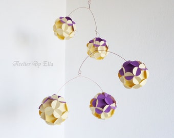 Hanging mobile, Paper ball mobile, Bright Yellow and Purple paper mobile, Nursery decoration