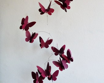 3D butterflies mobile, Wine color, Hand painted hanging mobile, Kinetic home decor