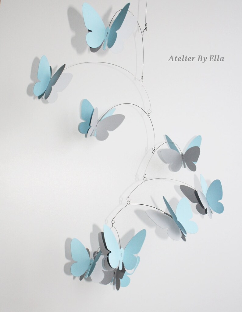 Bright blue and grey mobile, 9 Butterflies , Home decor, Kinetic image 1