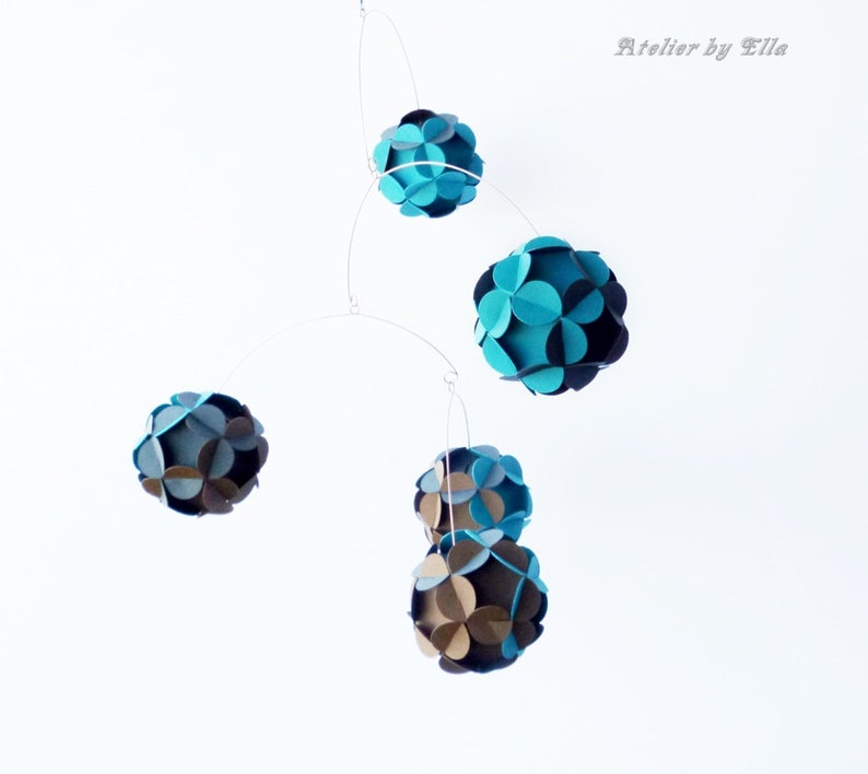 Paper balls Mobile, Kinetic Mobile , Hanging home decor, Brown azure and graphite grey colors image 4