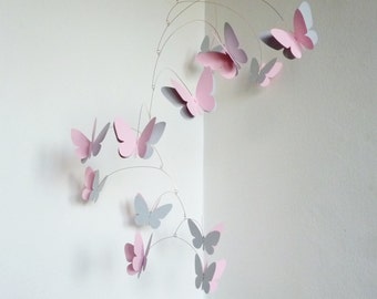 Grey Pink Butterfly Mobile, Kinetic mobile, Hanging mobile, Room Decor, Nursery Decoration