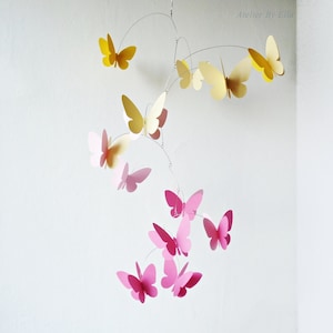 Pink Yellow 3D Butterflies, Hanging mobile, Kinetic , Home decor