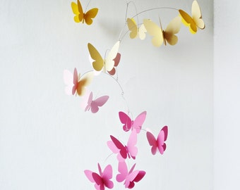 Pink Yellow 3D Butterflies, Hanging mobile, Kinetic , Home decor