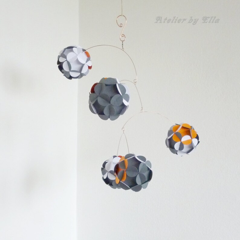 Hanging mobile, White, Dark gray and orange Mobile, Home decoration, Nursery decor image 1