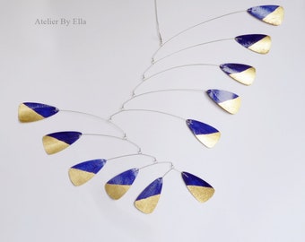 Kinetic Paper Mobile, Gold and blue Hanging Mobile, for Home , for office