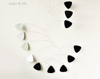 Silver and black kinetic mobile, Hanging home decor,  Turning with the flow air